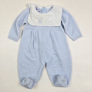 Vinatge Carriage Boutique Romper 6 Months Light Blue Knit With Attached Bib